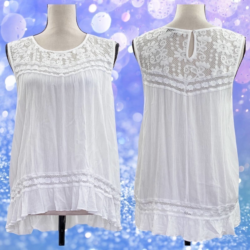 SPEED Limit MPH White Sheer Lace Yoke Sleeveless Crochet Blouse - Picture 11 of 12